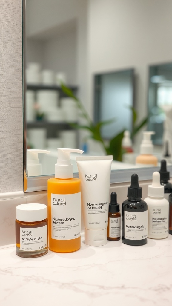 A selection of non-comedogenic skincare products arranged on a vanity mirror.
