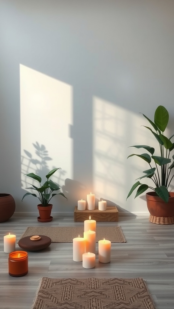 A serene room with candles and plants, promoting relaxation and stress relief.
