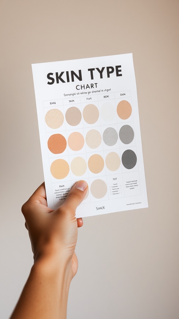 A hand holding a skin type chart with different shades for identifying skin types.