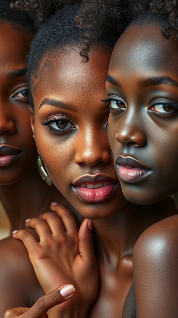 Three individuals with diverse skin tones, showcasing unique beauty.