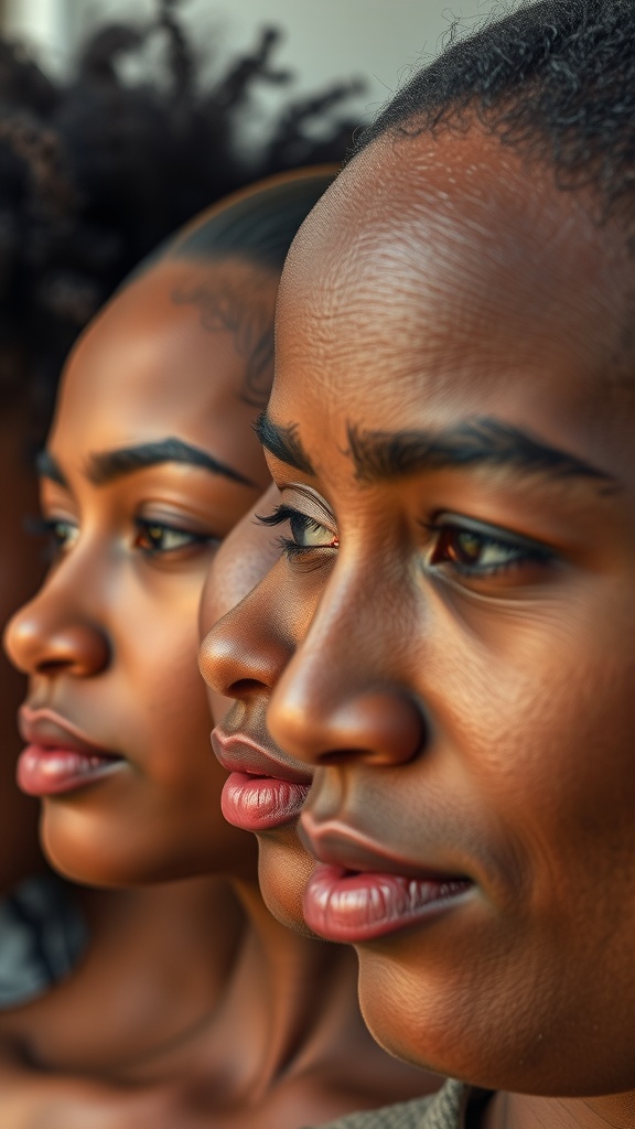 Close-up of three individuals showing diverse skin tones and features.
