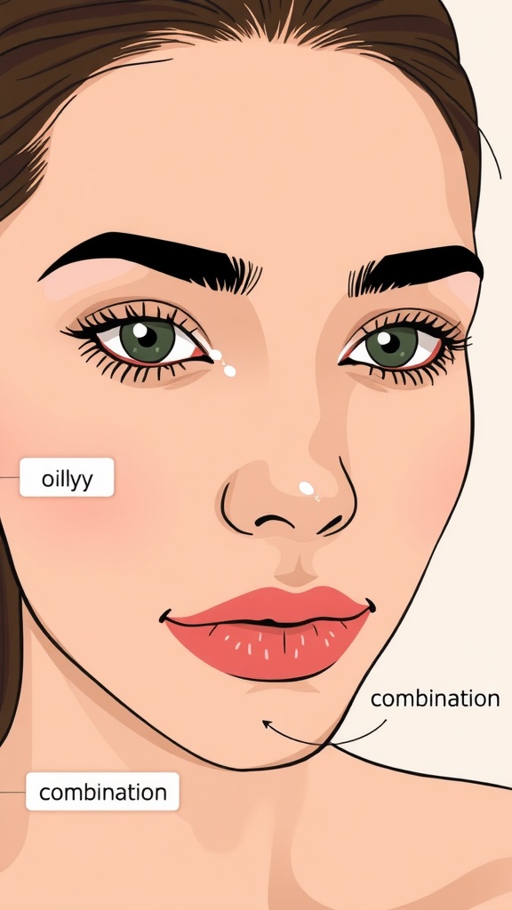 A close-up of a person with skincare products on their face, labeled with different skin types: oily, dry, and combination.