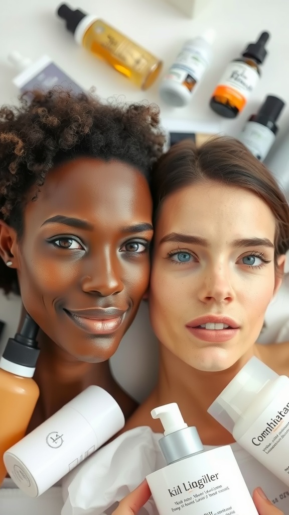 Two women with different skin types smiling, surrounded by various skincare products.