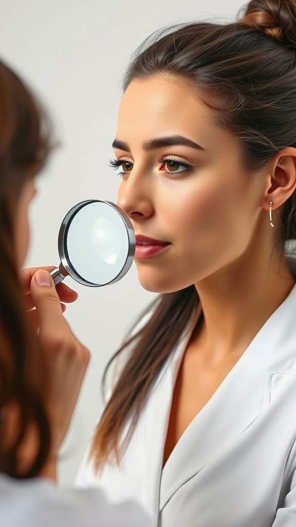 A woman examining her skin closely with a magnifying glass, emphasizing the importance of understanding skin type.