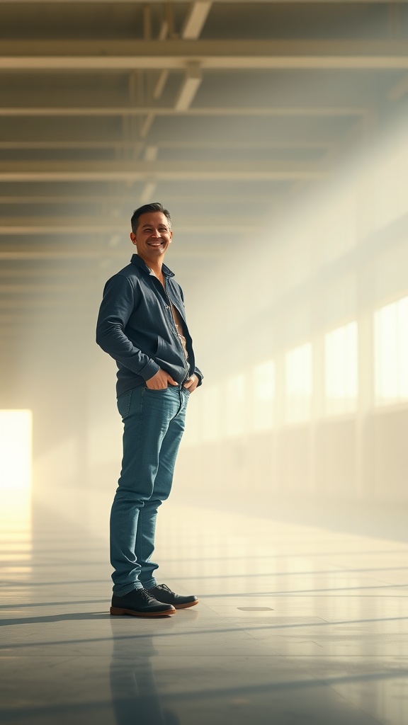 A confident individual standing in a well-lit space, smiling and exuding self-assurance.