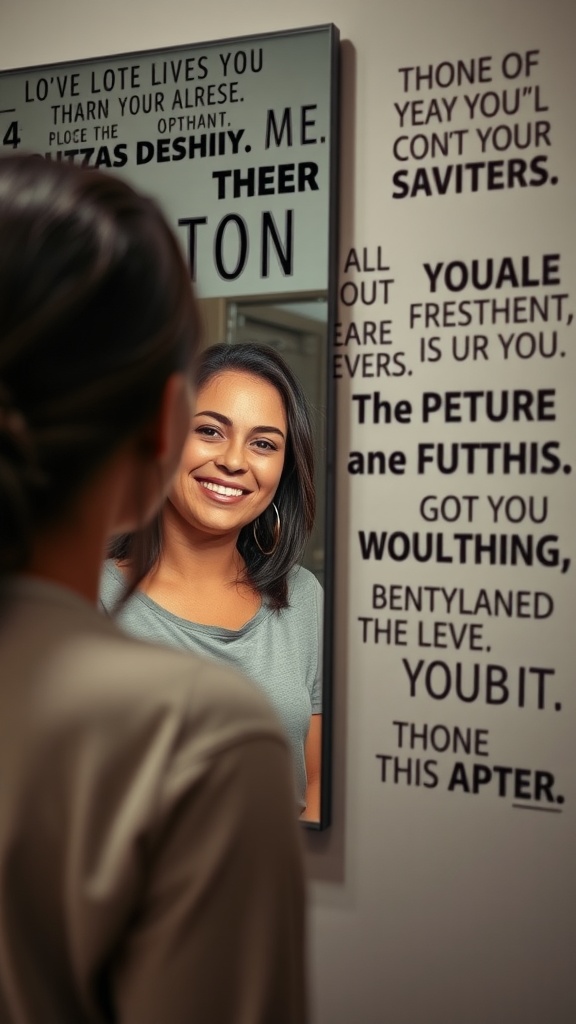 A person smiling at their reflection in a mirror, surrounded by motivational phrases on the wall.
