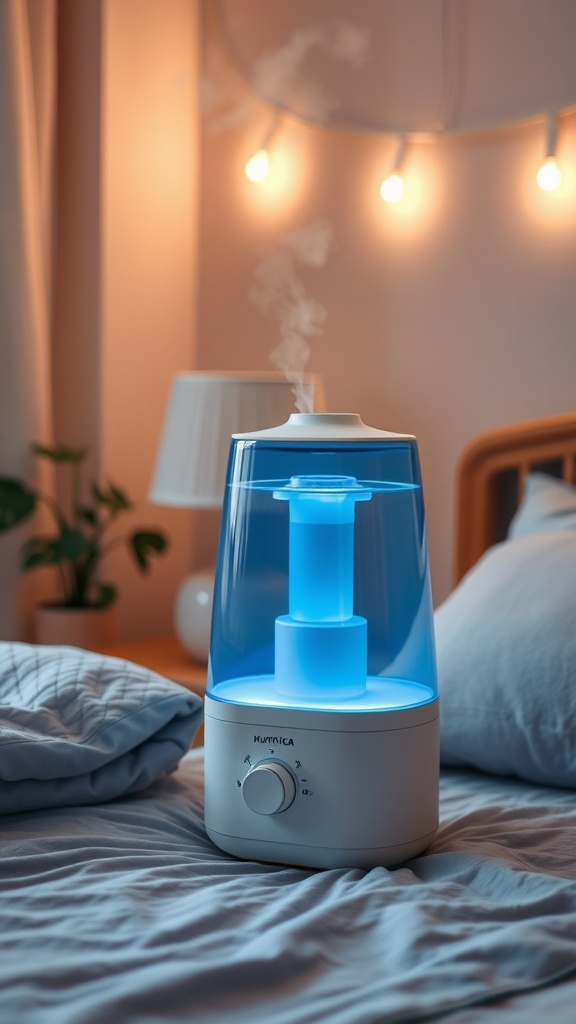 A modern humidifier emitting vapor in a cozy bedroom setting