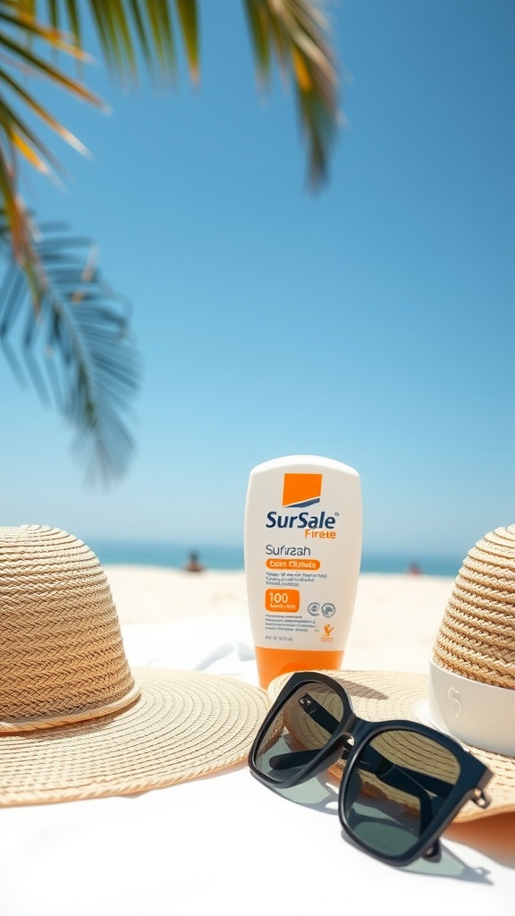 Sunscreen bottle with sunglasses and a straw hat on the beach