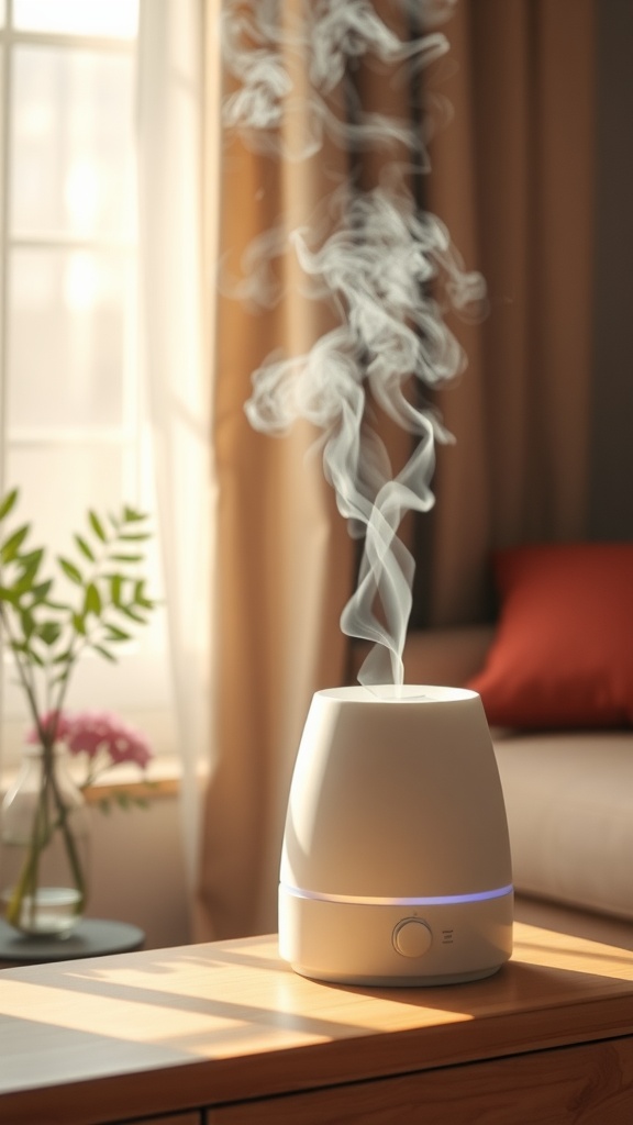A modern humidifier releasing steam, placed on a wooden table with sunlight streaming in, surrounded by plants.