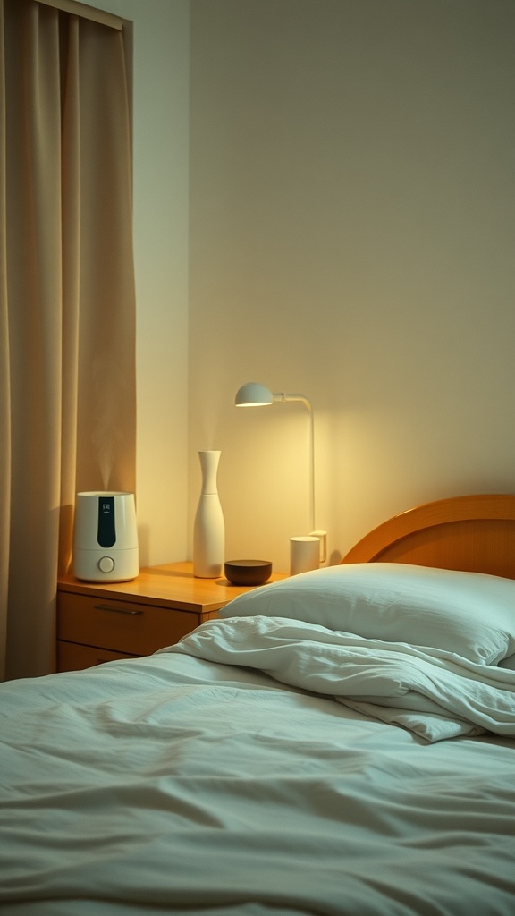 A cozy bedroom with a humidifier on the nightstand, showcasing a healthy sleeping environment.