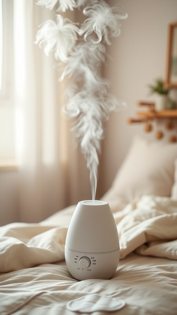 A white humidifier emitting mist in a cozy bedroom setting.
