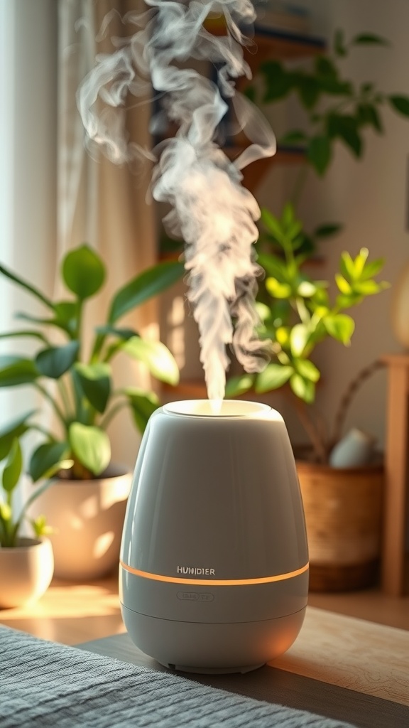 A modern humidifier emitting steam in a cozy room with plants.