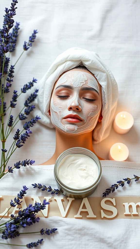 A person with a calming mask on their face, surrounded by lavender and candles, illustrating relaxation and skincare.