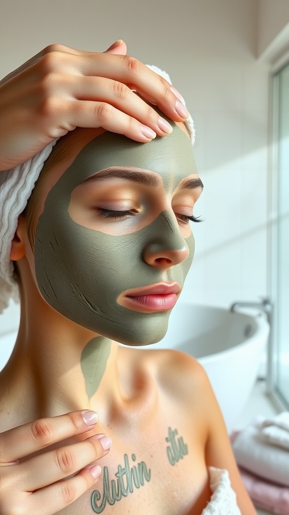 A person applying a green clay mask to their face, showcasing skincare routine.