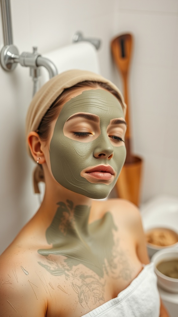 A person with a green clay mask applied to their face, sitting in a relaxed setting.