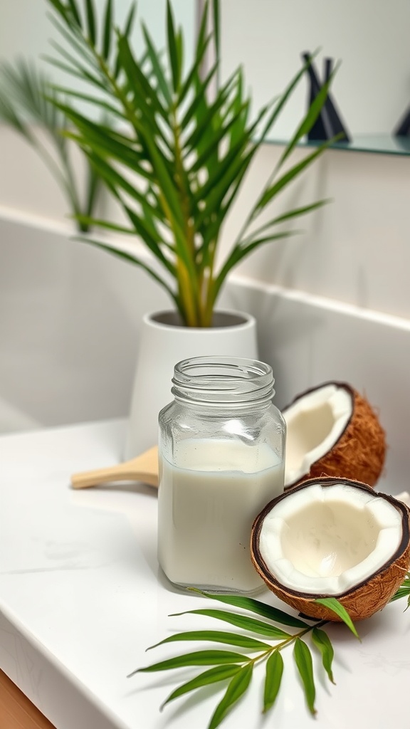 A jar of coconut oil with cut coconuts and greenery in the background.