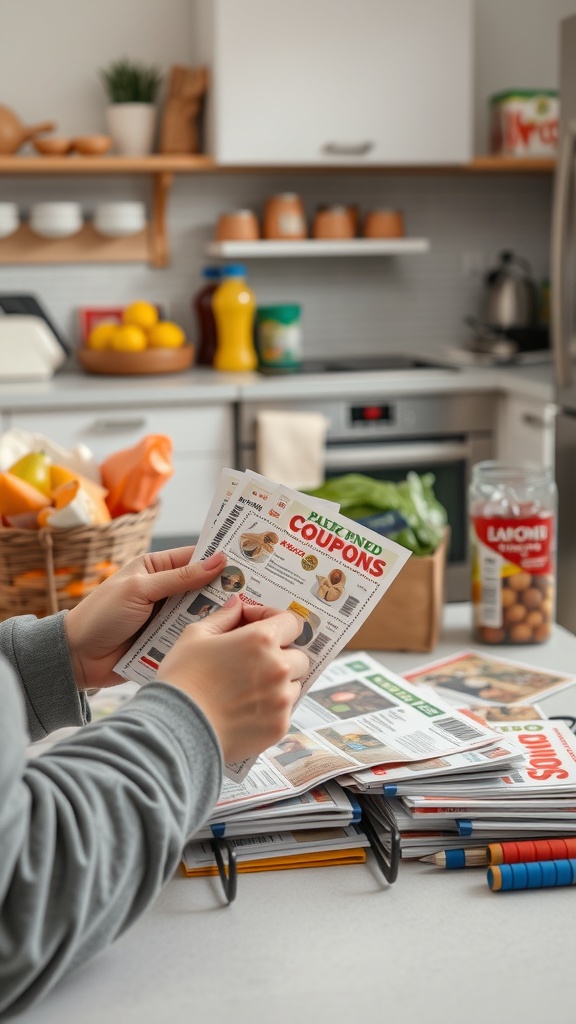 A person sorting through colorful coupons in a cozy kitchen.