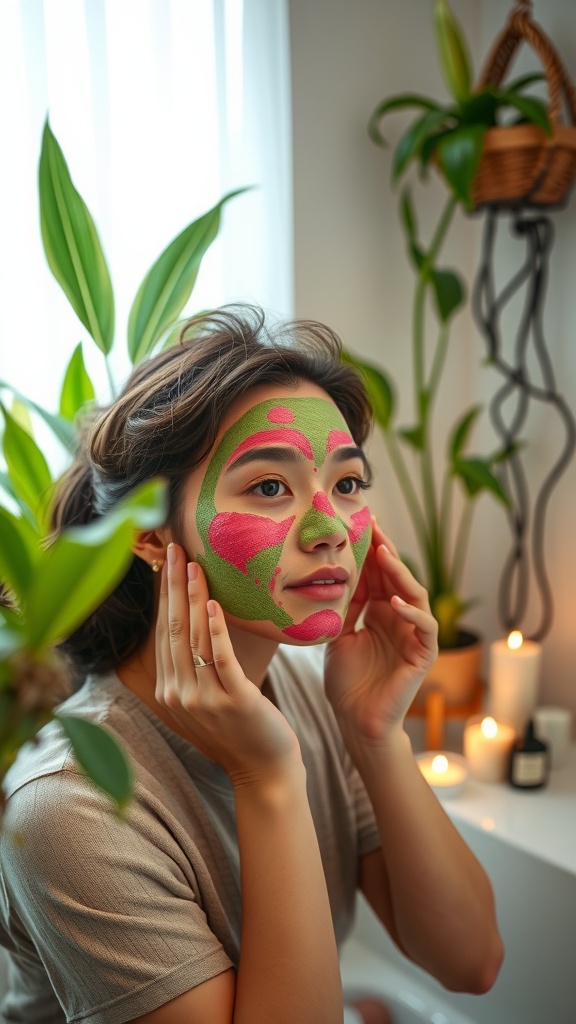A person applying a colorful face mask while surrounded by plants and candles, showcasing a relaxing skincare routine.