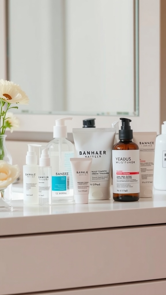 A selection of fragrance-free skincare products on a vanity with a flower.