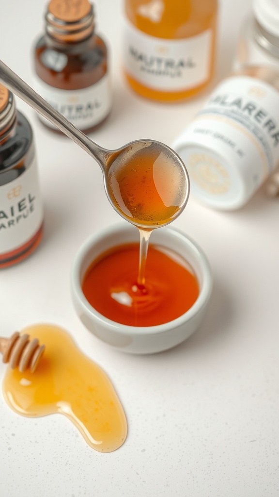 A spoonful of honey pouring into a small bowl, surrounded by jars of natural skincare products.