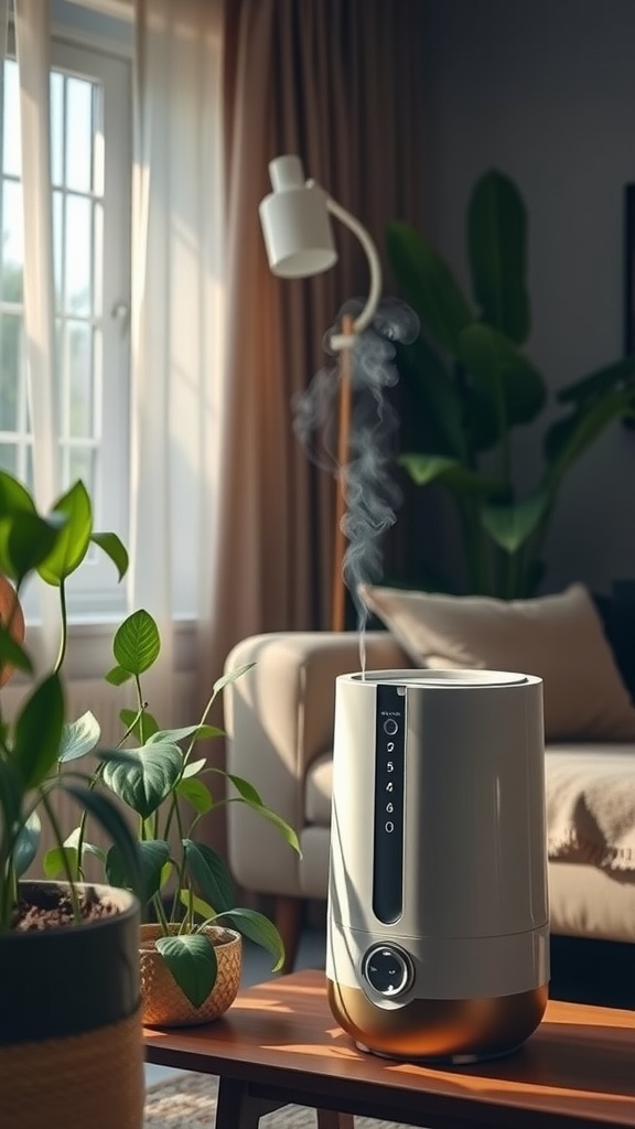 A modern humidifier releasing mist in a cozy living room with plants.