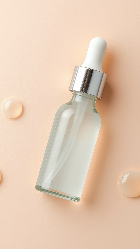 A dropper bottle of hyaluronic acid serum on a peach background with droplets.