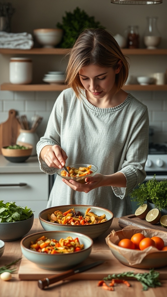 A woman preparing a colorful meal in a cozy kitchen, showcasing the use of leftovers.