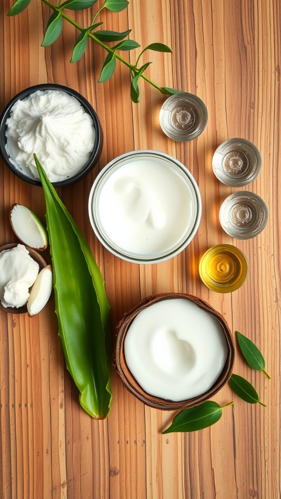 Natural skincare ingredients on a wooden surface, including coconut oil, aloe vera, and essential oils.