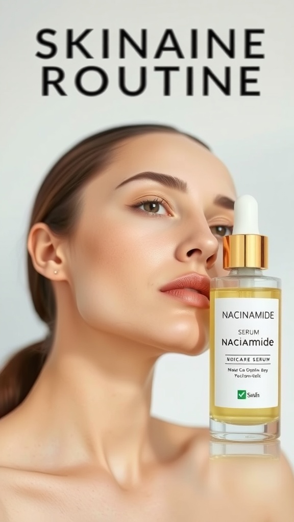 Model showcasing a niacinamide serum in a skincare routine.