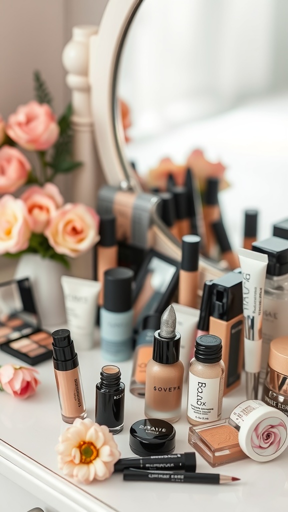 A variety of non-comedogenic makeup products displayed on a vanity with flowers.