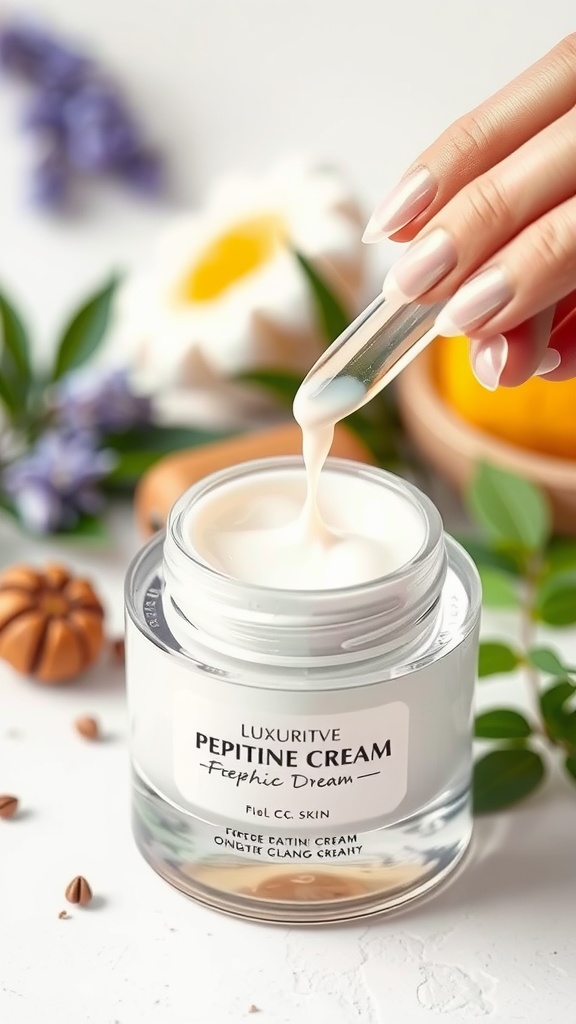 A hand holding a dropper over a jar of luxury peptide cream, surrounded by natural elements like flowers and nuts.