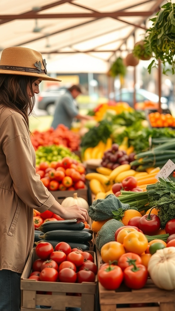 A woman selecting fresh vegetables at a farmers' market, showcasing seasonal produce.