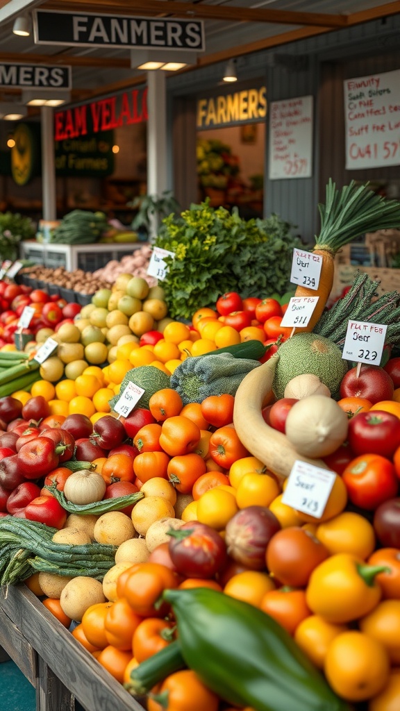 A colorful display of seasonal produce at a farmer's market, showcasing various fruits and vegetables.