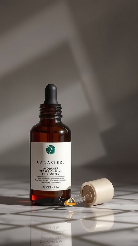 A bottle of serum with a dropper on a tiled surface, reflecting light.