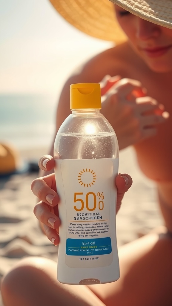 A person holding a bottle of 50% sunscreen at the beach, applying it on their skin.