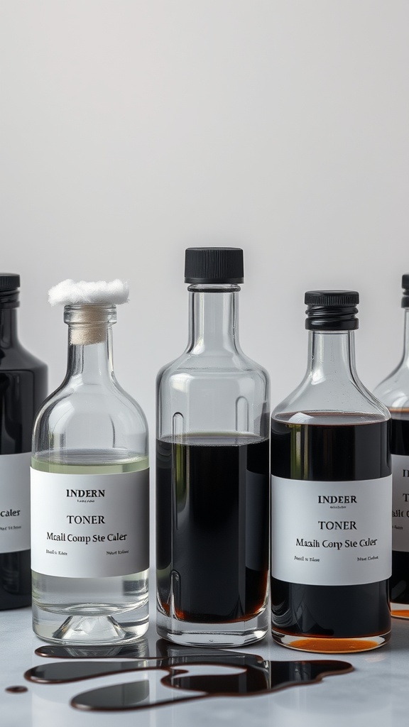 An array of toner bottles, showcasing various formulas for skincare.