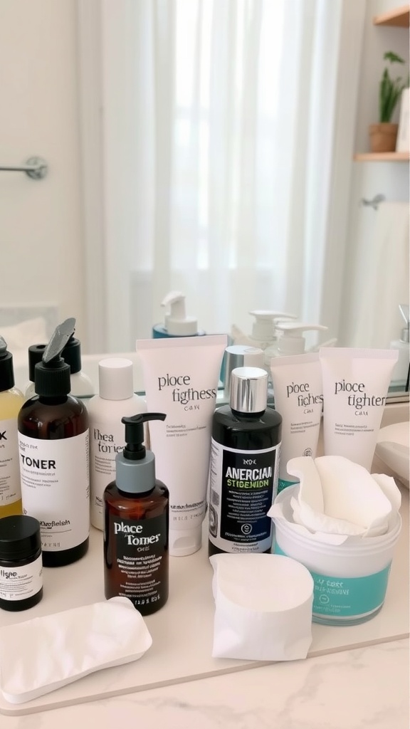 Various skincare toners displayed on a bathroom counter, showcasing options for pore tightening.