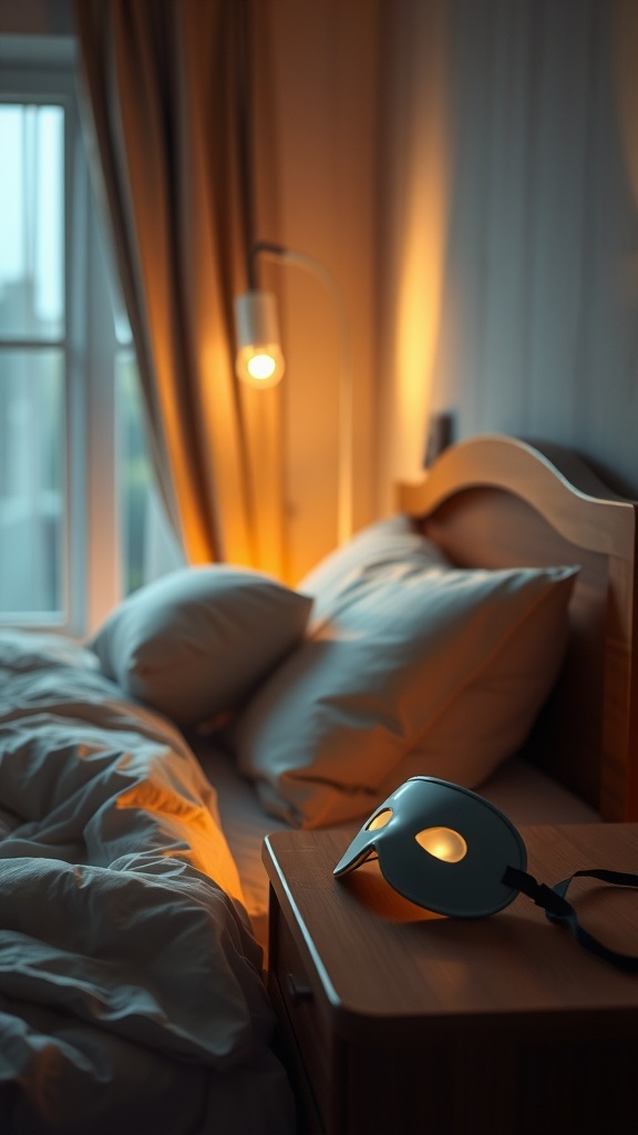A cozy bedroom scene featuring a bed with soft pillows and a nightstand holding a sleep mask.