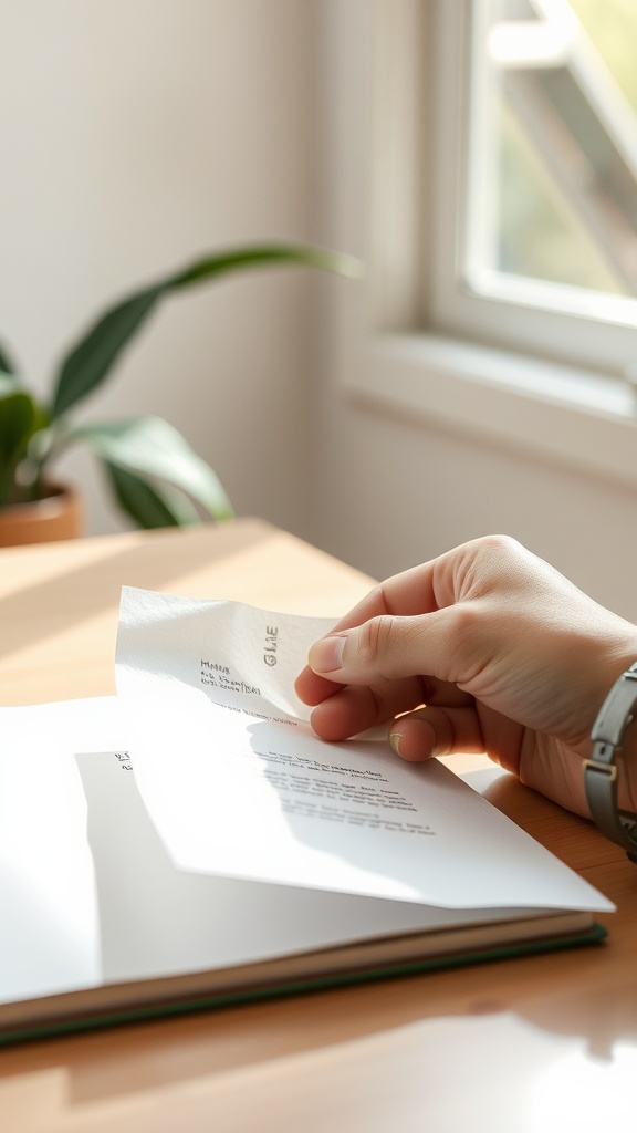 A hand holding a blotting paper near a book on a table.