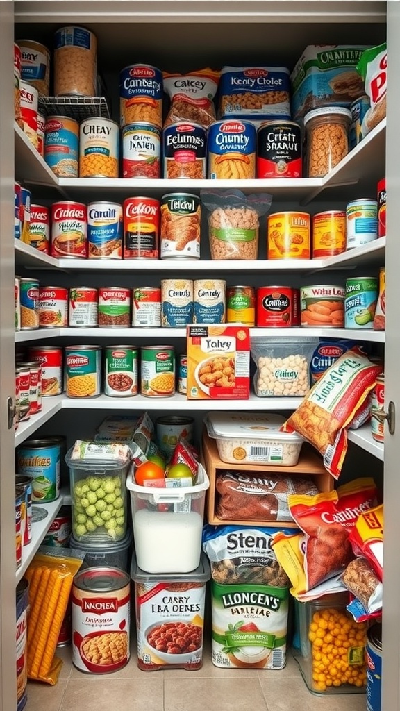 A well-stocked pantry filled with various canned goods and frozen foods.