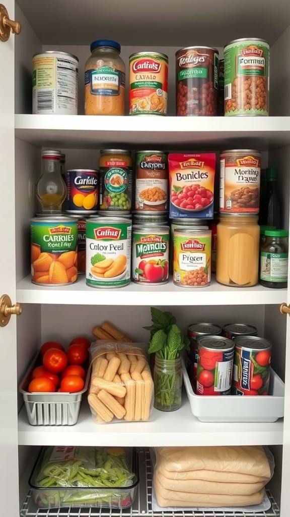 A well-organized pantry with various canned goods and fresh ingredients.
