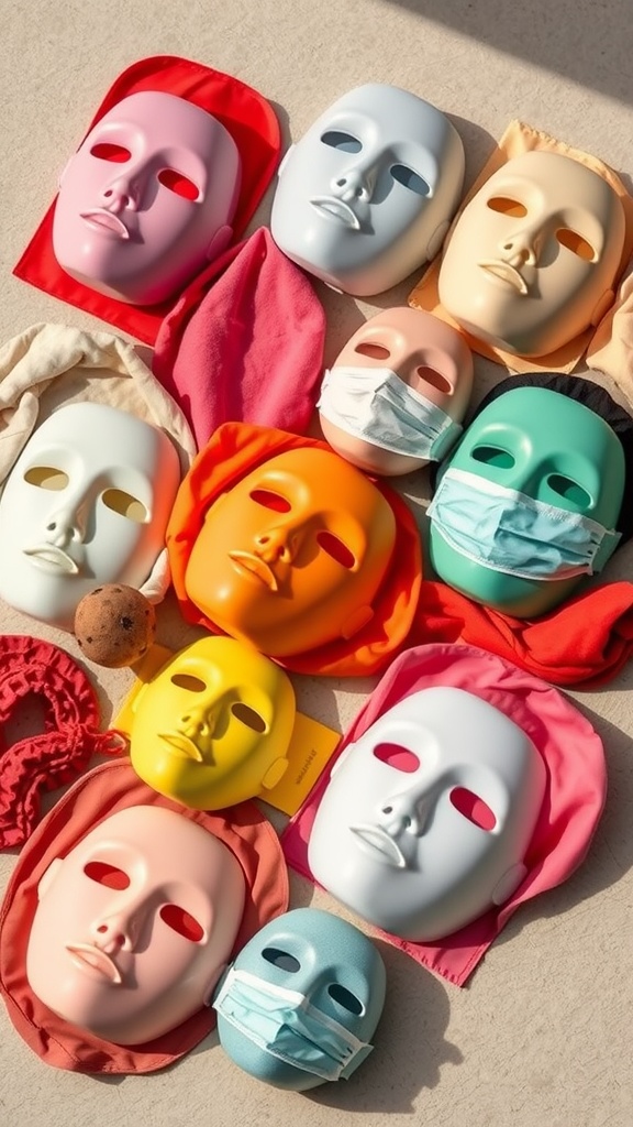 An assortment of colorful face masks displayed on a surface