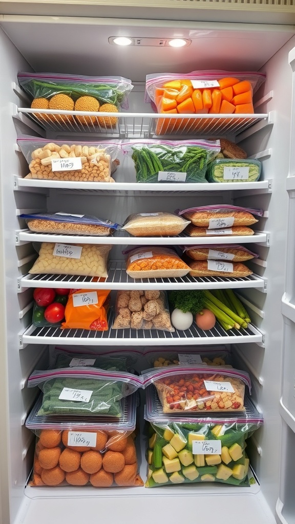A well-organized freezer filled with labeled bags of vegetables and other ingredients.