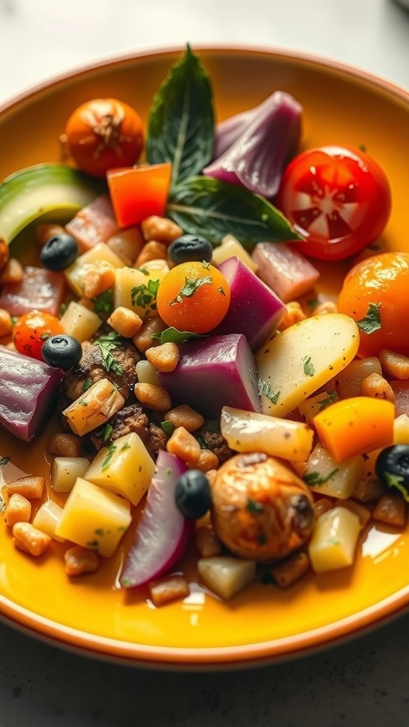 A colorful plate filled with a variety of vegetables, showcasing a creative meal prep idea.
