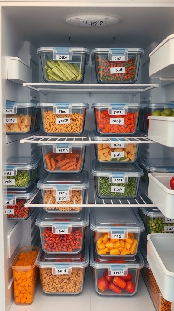 A well-organized fridge with labeled containers of fresh vegetables, proteins, and grains.