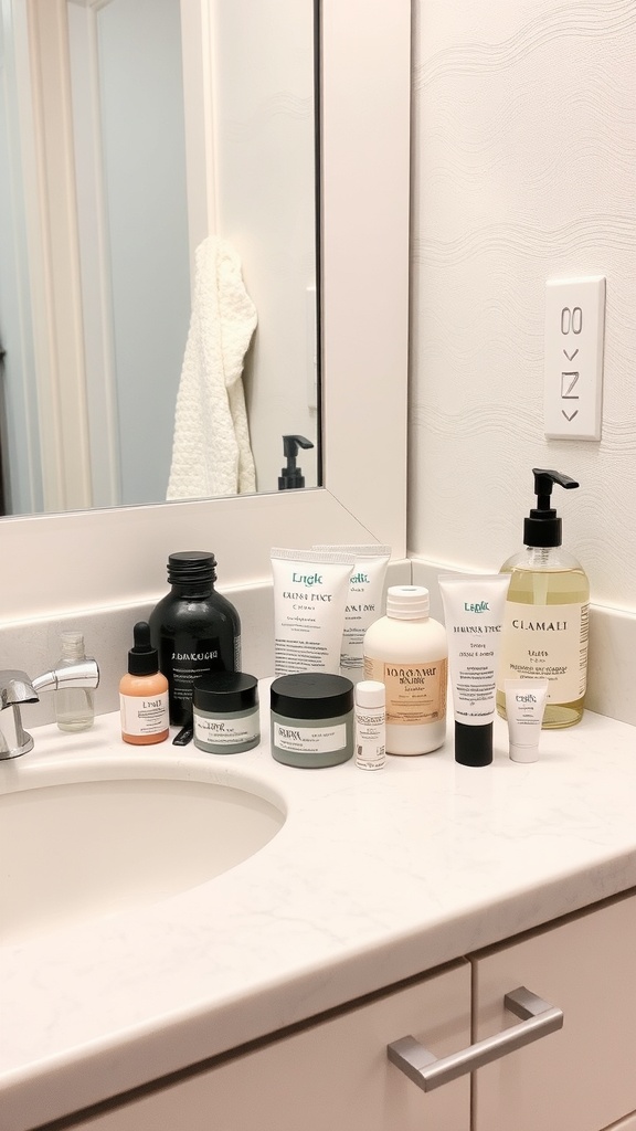 A bathroom counter with various skincare products neatly arranged