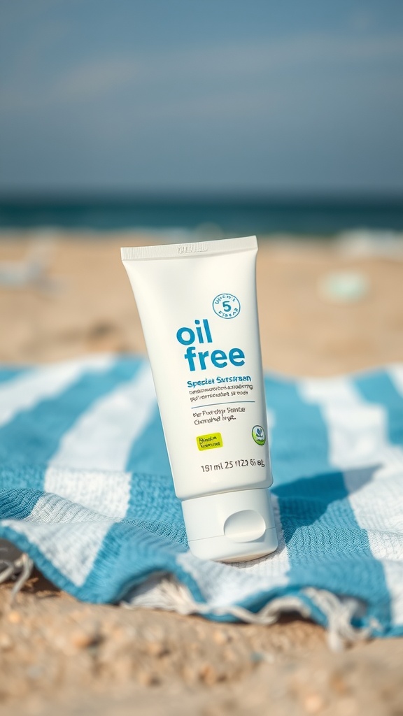 A bottle of oil-free sunscreen on a blue and white striped beach towel with the ocean in the background.