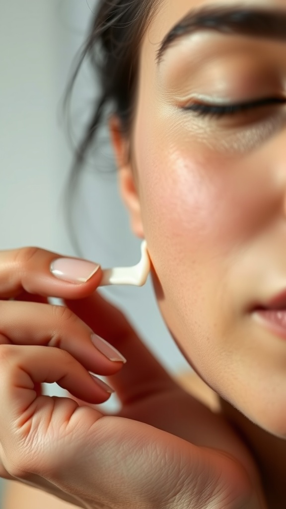 Close-up of a person applying skincare product on their face