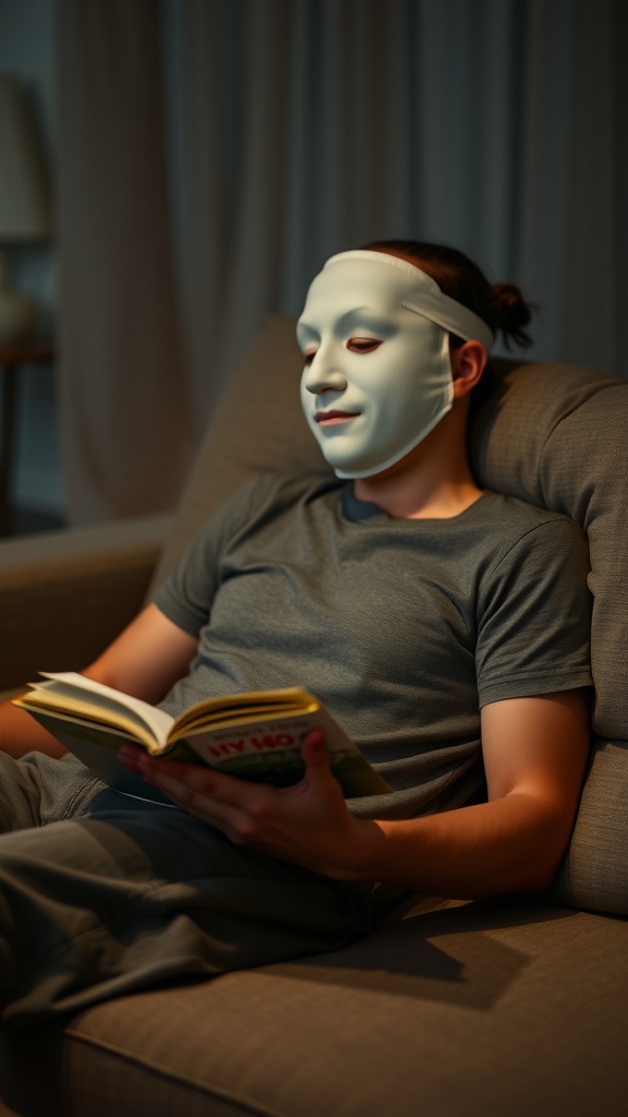 A person relaxing at home with a sheet mask on, reading a book on a cozy couch.