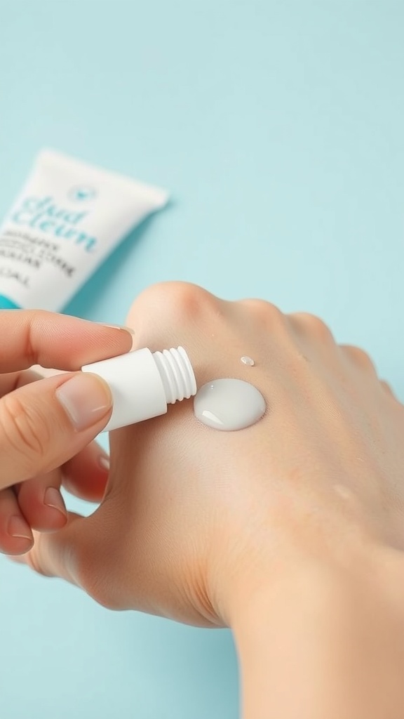 A hand applying a creamy spot treatment from a tube on a light blue background.